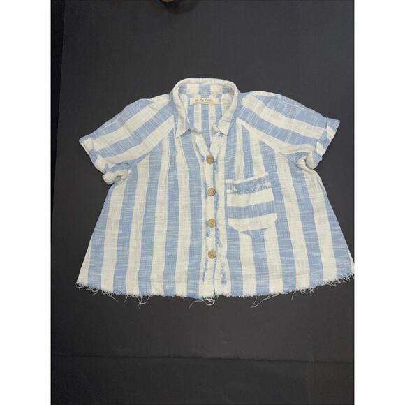 We the Free Classic Boho Beach Gauze Cropped Fringe Striped Button Blouse Small - Picture 11 of 15
